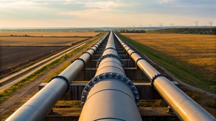 Pipeline infrastructure stretching across fields under a bright sky