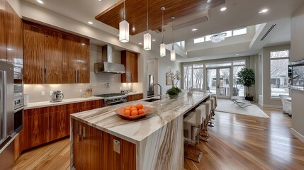 Modern kitchen with island, hardwood floors, and natural light.