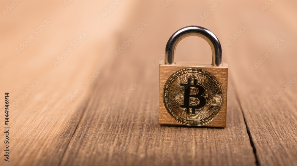 Poster secure padlock on rustic wooden table symbolizing digital asset custody and security for protecting 
