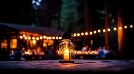 A candle lit lantern illuminates an outdoor evening gathering space