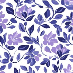 Seamless Floral Pattern with Blue and Purple Leaves and Flowers on White.
