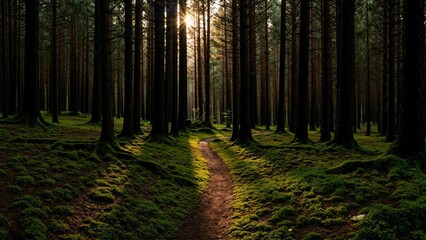 Fototapeta premium Winding Trail through Dense Mossy Pine Forest