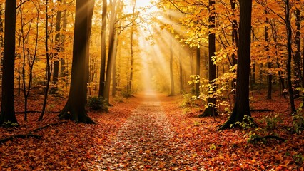 Golden Autumn Forest Trail with Morning Mist