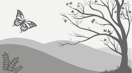 A grayscale landscape featuring a butterfly, a tree with butterflies, and rolling hills in the distance