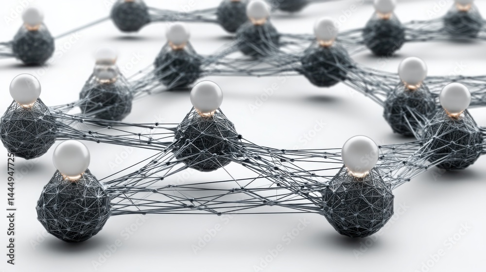 Poster network of interconnected white spheres representing distributed intelligence in asset networks and 