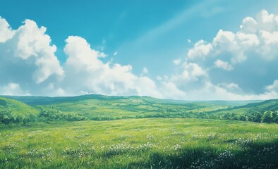 Fototapeta premium Lush green meadow under a vibrant blue sky