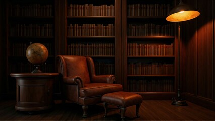 Vintage Library Corner with Cozy Armchair and Globe
