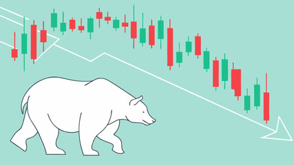 Illustration showing a bear market with a bear and a downward trending candlestick chart on light blue