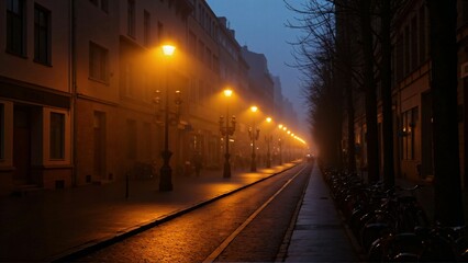 Misty Empty City Street at Dawn with Vintage Charm