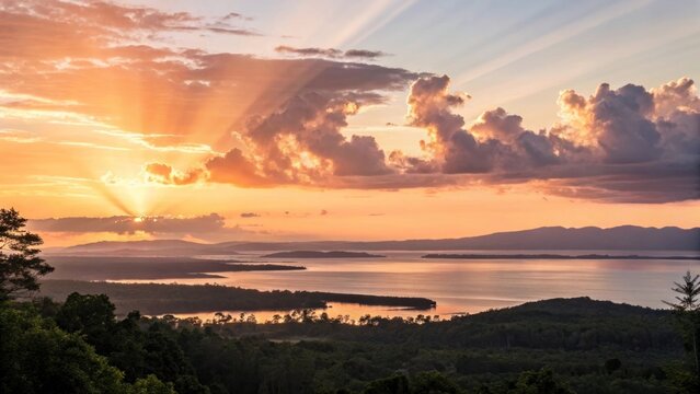 Breathtaking sunrise over lake and mountain landscape with dramatic sky and clouds