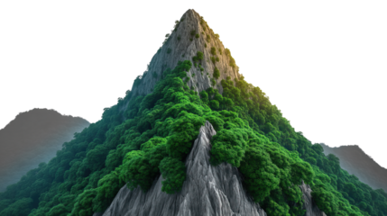 Majestic Mountain Peak: A dramatic, low-angle view captures a majestic mountain peak shrouded in verdant forest, with the sunlight casting a golden glow on the rocky slopes.