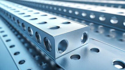 Metal structural components,  perforated,  light blue tone,  stacked