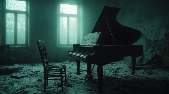 A dusty abandoned piano and chair in a cold desolate room