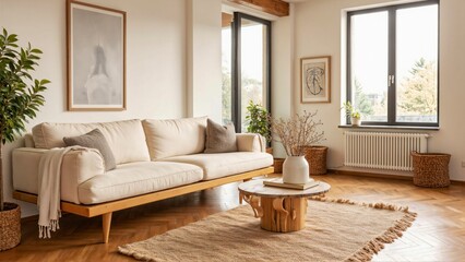 Modern Cozy Living Room with Olive Tree and Golden Light