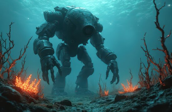 A massive, lumbering alien robot walking across the ocean floor, part of an underwater ecosystem of glowing flora. Generative AI