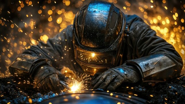 Metalworker in action, sparks flying.  Detailed view of welding process