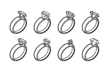 Romantic Engagement and Wedding Ring Vector Set. Diamond Icons and Love Symbols for Invitations, Jewelry Branding, Marriage Themes and Romantic Design Illustrations.