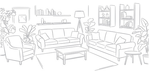 Modern Living Room Sketch with Sofa, Armchair, and Plants