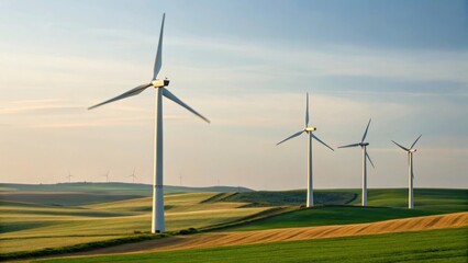 Wind turbines in green fields generating clean energy in renewable landscape