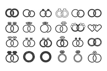 Romantic Engagement and Wedding Ring Vector Set. Diamond Icons and Love Symbols for Invitations, Jewelry Branding, Marriage Themes and Romantic Design Illustrations.