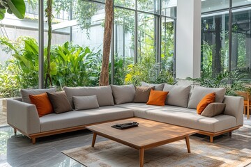 Modern LShaped Sofa with Cushions, Wooden Table, and Lush Greenery Indoors in Sunlight