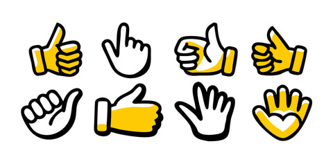 Fototapeta premium Minimalist Hand gesture icon collection including thumbs up, peace sign, OK hand, pointing finger. Vector set of expressive hand signs for UI, apps, communication symbols, and infographics.