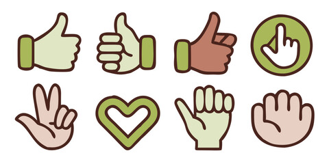 Obraz premium Minimalist Hand gesture icon collection including thumbs up, peace sign, OK hand, pointing finger. Vector set of expressive hand signs for UI, apps, communication symbols, and infographics.