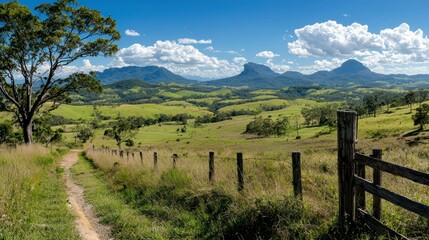 Scenic landscape view with hills mountains grass and a blue sky