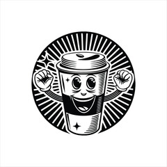 Vector logo design template and graphic elements for advertising, branding, posters and banners, funny cartoon illustrations with smiling character, coffee cup mascot, print and sticker