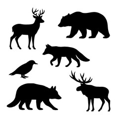 Forest Animal Silhouettes Collection - Deer, Bear, Fox, Raven, Raccoon, Moose Illustration for Wildlife & Nature