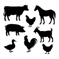 Farm Animal Silhouettes Collection - Cow, Horse, Pig, Goat, Rooster, Chicken, Duck Illustration for Agriculture & Food