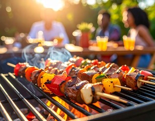 Szaszłyki grillujące się na ruszcie grilla. W tle ludzie siedzący przy stole i pijący drinki. Spotkanie przy grillu, wspólne grillowanie, posiłek w plenerze