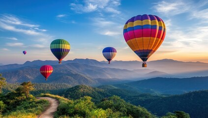 Fototapeta premium Majestic Hot Air Balloons Soaring Over Serene Mountain Landscape at Sunrise
