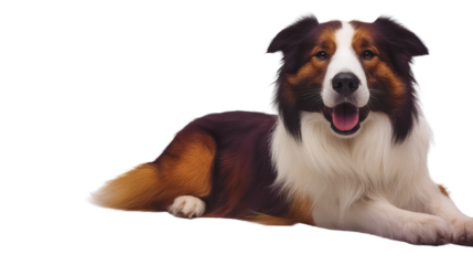 Loyal Companion: A close-up portrait of a beautiful Border Collie, its alert gaze and gentle expression captures the breed's intelligent and friendly nature. The dog lies down.