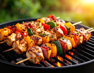 Szaszłyki z kurczakiem i warzywami piekące się na grillu