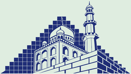 Obraz premium Illustration of a mosque with a dome and minaret against a blue pixelated background design element