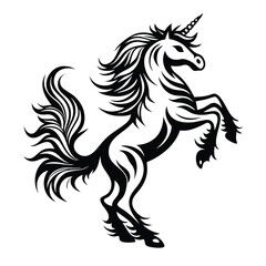 Elegant Monochrome Unicorn, Rearing Silhouette. Bold Lines, Fantasy Animal Design