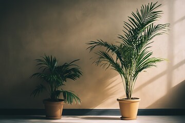 Obraz premium Indoor Plants Two Green Palm Trees in Pots Against a Textured Beige Wall, Natural Light