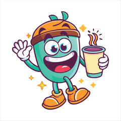 Vector logo design template and graphic elements for advertising, branding, posters and banners, funny cartoon illustrations with smiling character, coffee cup mascot, print and sticker