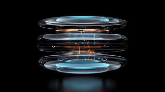 Abstract holographic display of interconnected data streams.  Layered translucent discs with glowing lines and points, creating a futuristic digital interface