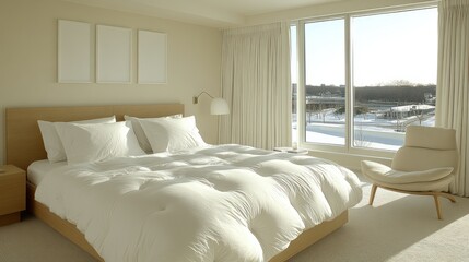 Modern bedroom with white bedding, minimalist decor, and panoramic window view