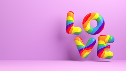 Happy Pride flyer background template featuring the word "LOVE" in rainbow colors on a purple wall with copy space to celebrate LGBTQIA+ Pride Month and love diversity in 3D illustration