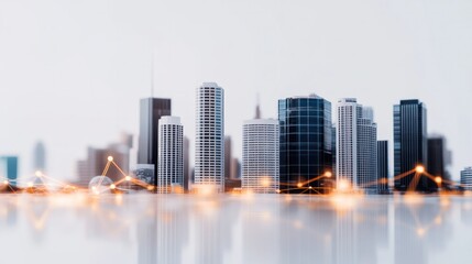 Skyline of Modernity: A photorealistic cityscape, with sleek skyscrapers, embodies innovation and interconnectedness, as illuminated lines weave across a reflective surface.