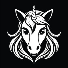 Stylized Unicorn Head Illustration, Intricate Mane, Black and White Isolated