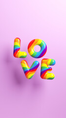 Happy Pride social media post background featuring the word "LOVE" in rainbow colors on a purple wall with copy space to celebrate LGBTQIA+ Pride Month and love diversity in 3D illustration