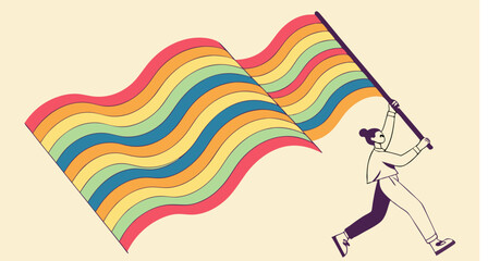 Person holding a large rainbow striped flag high in the air with a light yellow background illustration