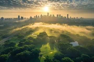 Obraz premium Sunny Aerial View City Skyline, Green Landscape, Fog, and Sunlit Horizon, Scenery