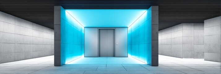 Obraz premium Modern Elevator Lobby with Cyan Lighting - Contemporary architecture, sleek design, bright cyan illumination, minimalist aesthetics, future technology feel