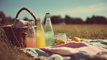 Picnic Delights Under the Sun With Pastel Blankets and Refreshing Drinks in a Serene Summer Landscape Generative AI