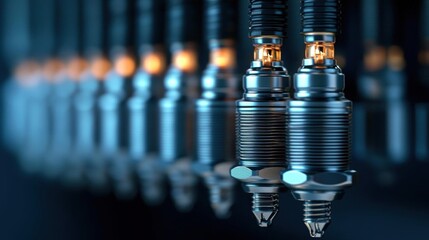 Row of spark plugs in a row. the spark plugs are black and silver in color and have a cylindrical shape with a pointed end.